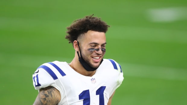 Dec 13, 2020; Paradise, Nevada, USA; Indianapolis Colts wide receiver Michael Pittman Jr. (11) against the Las Vegas Raiders at Allegiant Stadium. Mandatory Credit: Mark J. Rebilas-USA TODAY Sports